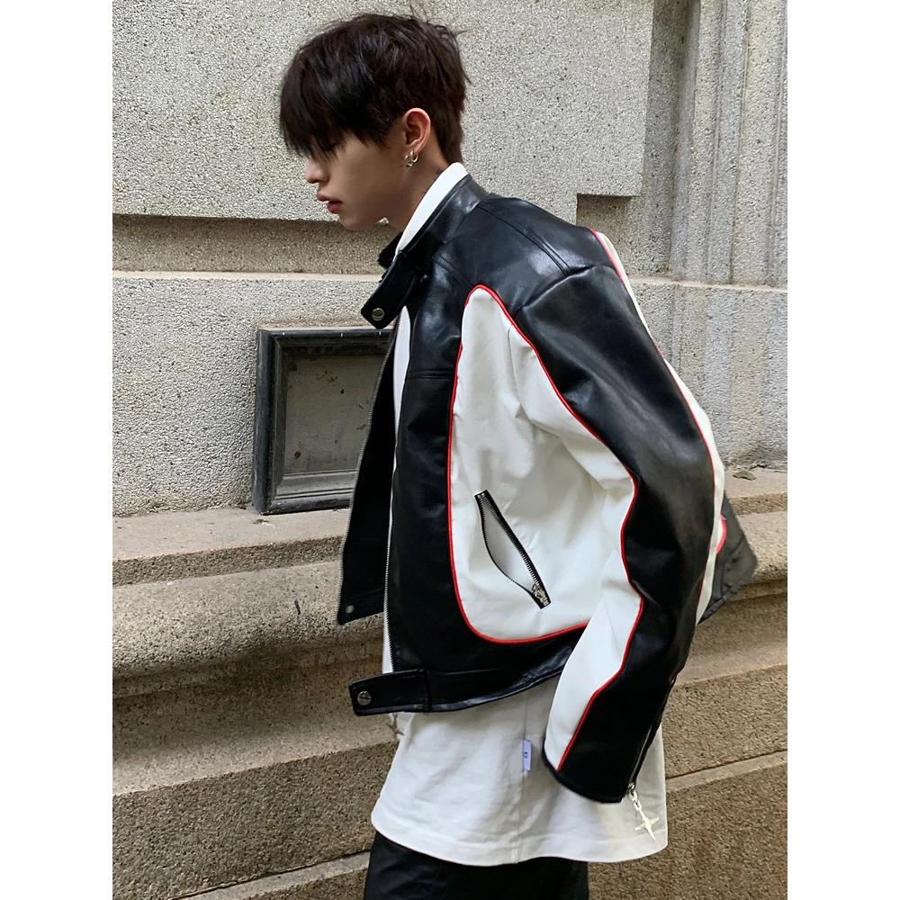 ins美式复古vintage机车服短款外套男春季宽松赛车服pu皮衣夹克潮