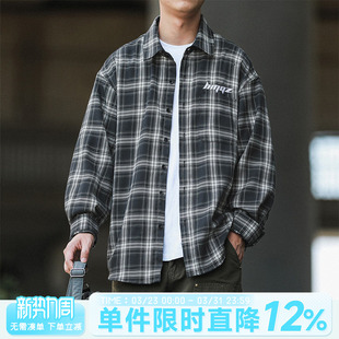 长袖 男士 休闲衬衣外套潮 日系复古刺绣翻领格子衬衫 嘿马七作春秋款