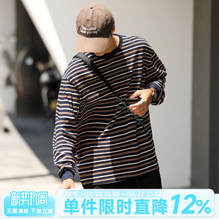 280g嘿马七作日系复古春秋条纹长袖 T恤男潮宽松休闲套头圆领上衣