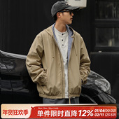 嘿马七作日系复古短款 连帽工装 夹克男春秋休闲上衣拼色格纹外套潮