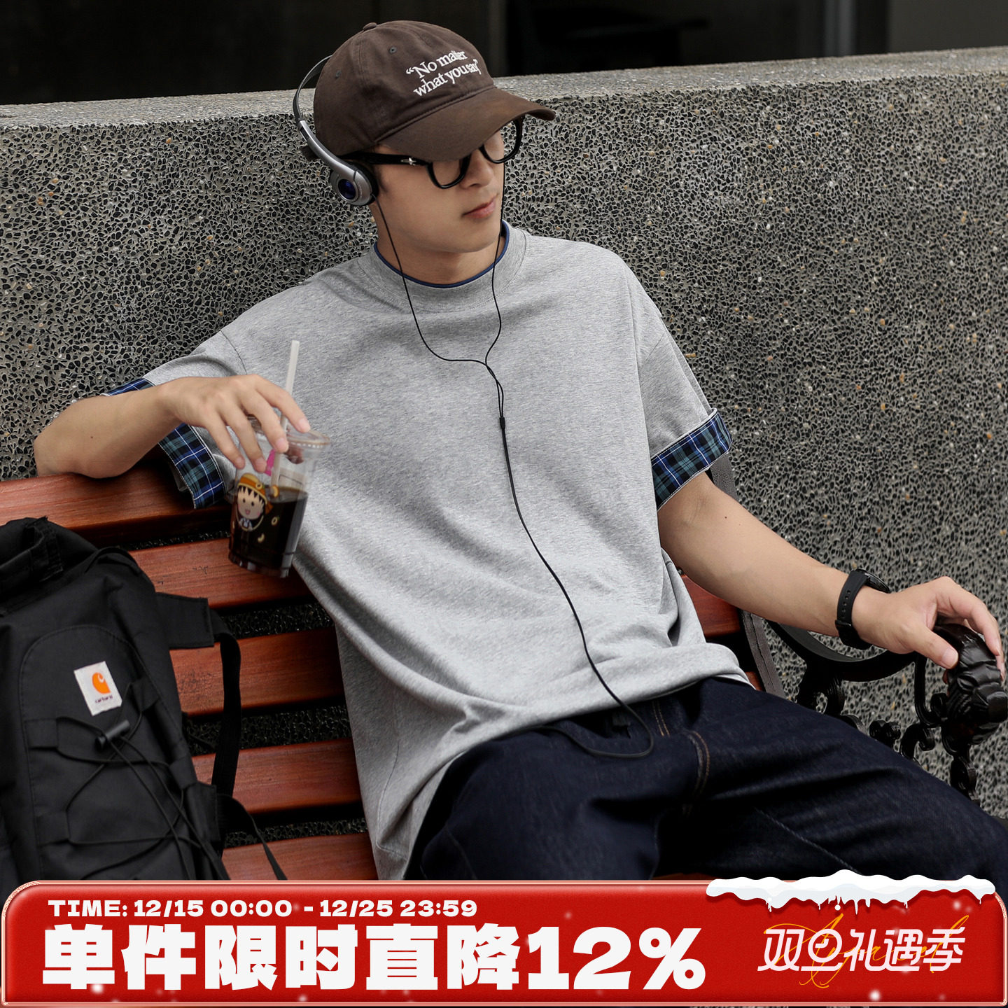 250g美式格子翻边设计短袖