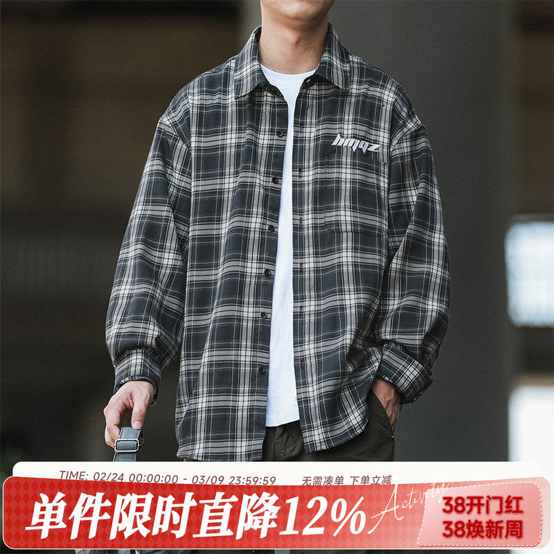 嘿马七作春秋款日系复古刺绣翻领格子衬衫男士长袖休闲衬衣外套潮