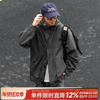 嘿马七作美式复古秋季男款软壳冲锋衣飞行户外夹克大口袋连帽外套