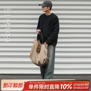 255g嘿马七作日系复古轻绒感打底长袖 T恤男宽松圆领套头上衣潮牌