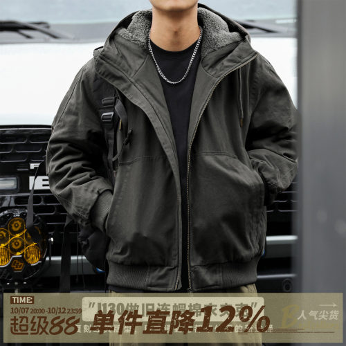 嘿马七作男士做旧夹克外套连帽棉