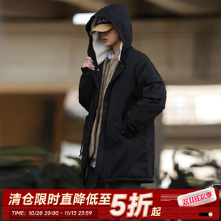加绒嘿马七作现货日系复古冬季男士中长款连帽棉衣羊羔毛棉服