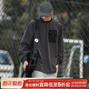 嘿马七作日系复古户外圆领长袖 套头宽松上衣潮牌s T恤男生春秋新款