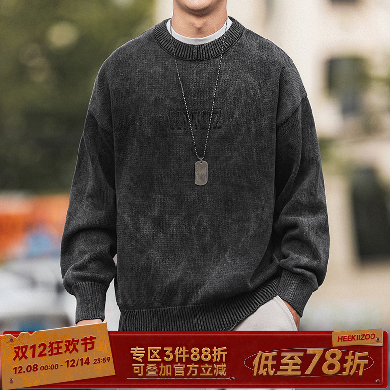 嘿马七作日系做旧水洗圆领毛衣