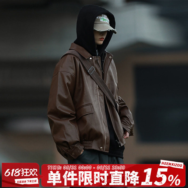 嘿马七作美式翻领皮衣短款外套复古春秋款男女休闲美拉德机车夹克