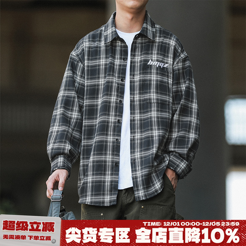 嘿马七作春秋款日系翻领格子衬衫