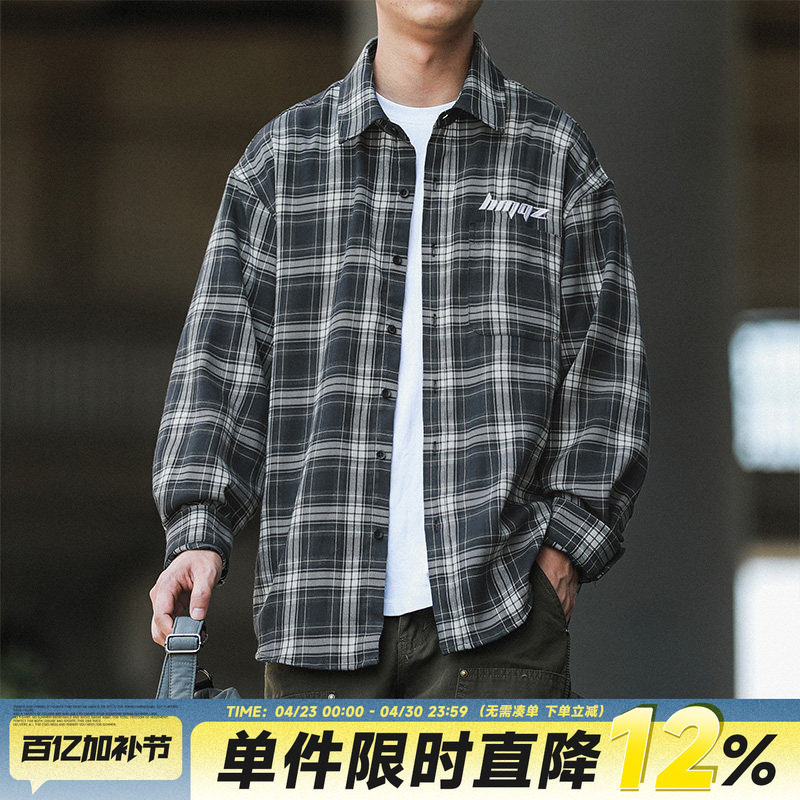 嘿马七作春秋款日系复古刺绣翻领格子衬衫男士长袖休闲衬衣外套潮