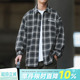 长袖 男士 休闲衬衣外套潮 日系复古刺绣翻领格子衬衫 嘿马七作春秋款