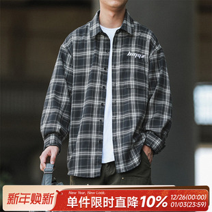 长袖 男士 休闲衬衣外套潮 日系复古刺绣翻领格子衬衫 嘿马七作春秋款