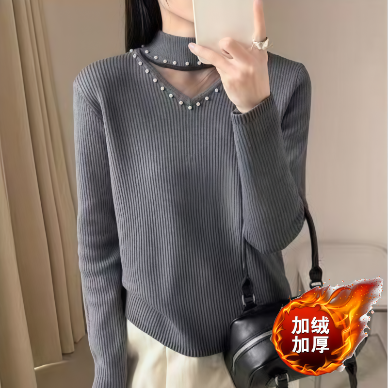 加绒一体绒】半高领钉珠镂空毛衣女新款冬内搭上衣针织打底衫穿搭