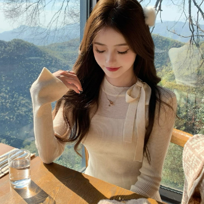 温柔纯欲秋冬季天丝羊毛系带针织衫女蝴蝶结修身显瘦内搭打底上衣