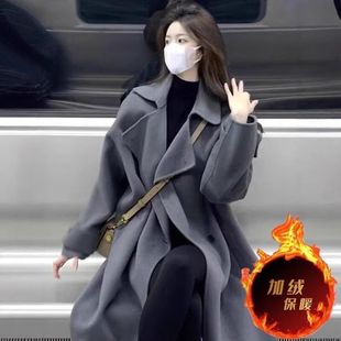 加绒加厚质感灰色呢子大衣女2025秋冬季新款毛呢过膝外套中长款
