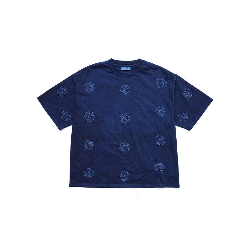 市井蓝染 古法植物染手工刺子短袖t恤宽松休闲圆领半袖烟花波点衫