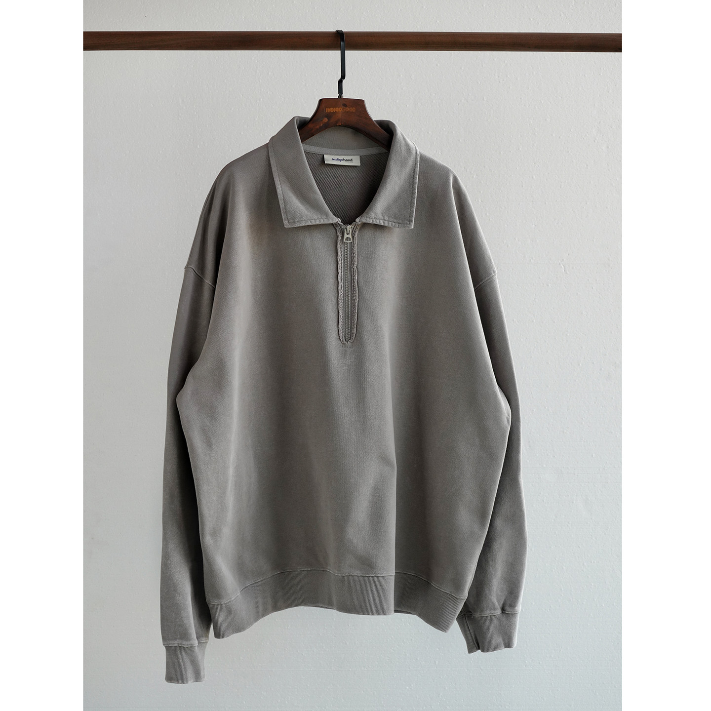 Indigohood 手工做旧干燥工艺翻领半拉链卫衣POLO长袖复古针织衫