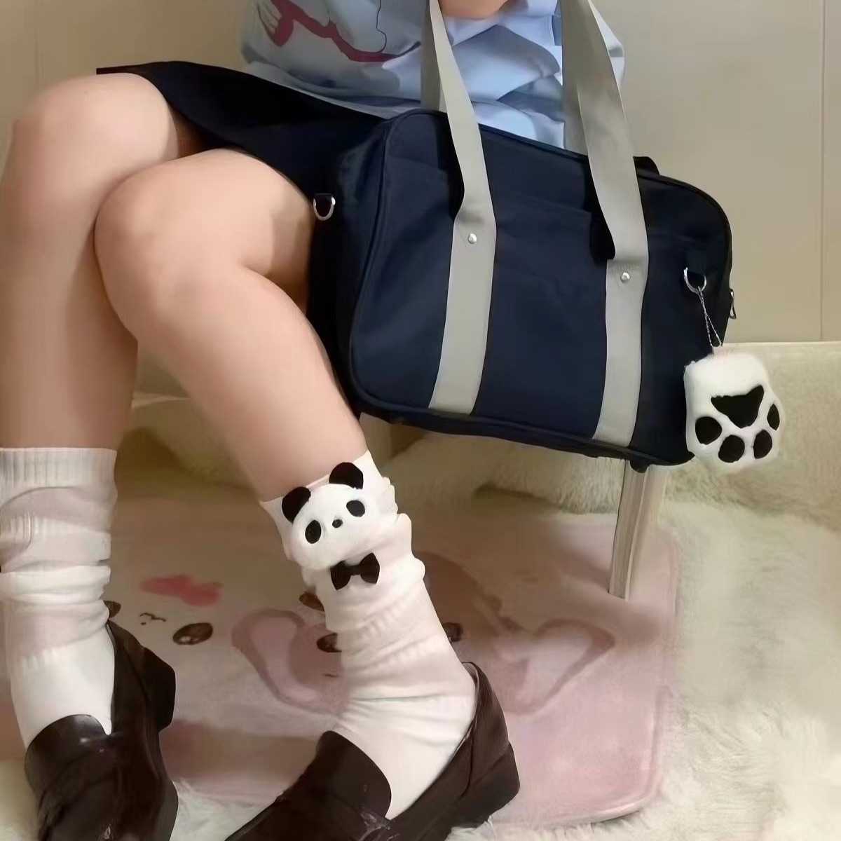 女袜纯棉熊猫夏季薄款白色透气