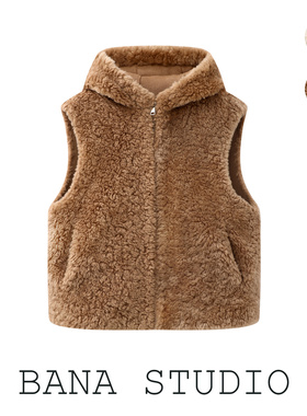 BANA外贸出口尾单卡其色宽松连帽仿皮草马甲女冬外穿皮毛一体背心