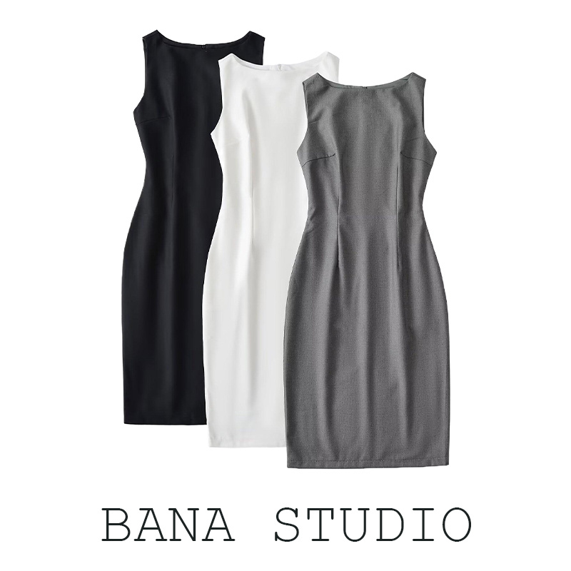 收腰黑白灰无袖包臀中长款连衣裙