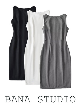 BANA外贸出口通勤修身收腰黑白灰无袖包臀中长款连衣裙气质背心裙