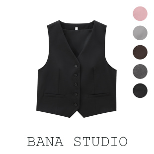 BANA西班牙外贸出口通勤黑色V领假口袋西装马甲女叠穿短款背心女