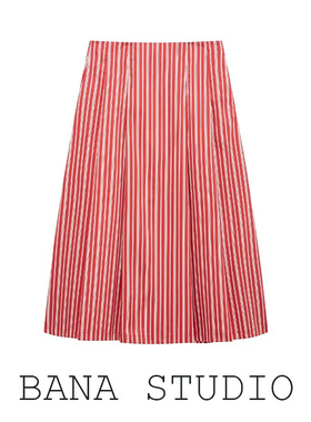 BANA西班牙外贸出口复古红色条纹高腰A字中长款半裙女长裙半身裙