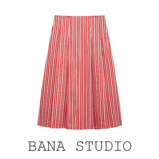 BANA西班牙外贸出口复古红色条纹高腰A字中长款半裙女长裙半身裙