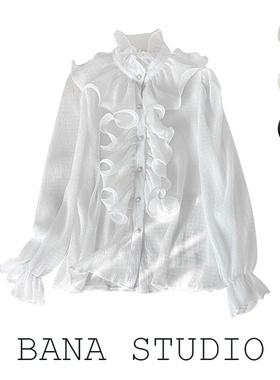 BANA意大利欧货外贸女装OL宽松复古宫廷风立领荷叶边纯色长袖衬衫