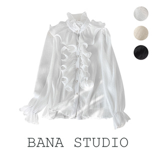 BANA意大利欧货外贸女装OL宽松复古宫廷风立领荷叶边纯色长袖衬衫