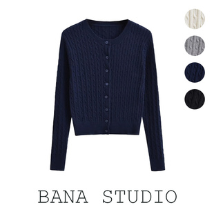 针织上衣女小个子针织开衫 BANA外贸修身 bm学院风圆领麻花高腰短款