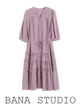BANA外贸淡雅紫色茶歇裙V领七分袖系带收腰衬衫连衣裙女夏温柔风