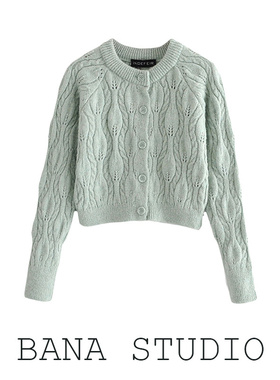 BANA西班牙外贸出口女装宽松镂空麻花圆领短款秋冬毛衣开衫外套女