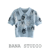 薄针织衬衫 高腰短款 减龄猫咪印花Polo翻领短袖 BANA西班牙外贸女装