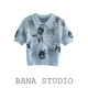 薄针织衬衫 高腰短款 减龄猫咪印花Polo翻领短袖 BANA西班牙外贸女装
