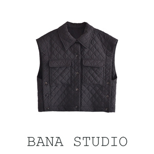 BANA外贸大码港风设计感外穿黑菱格高腰短款轻薄棉马甲女工装外套