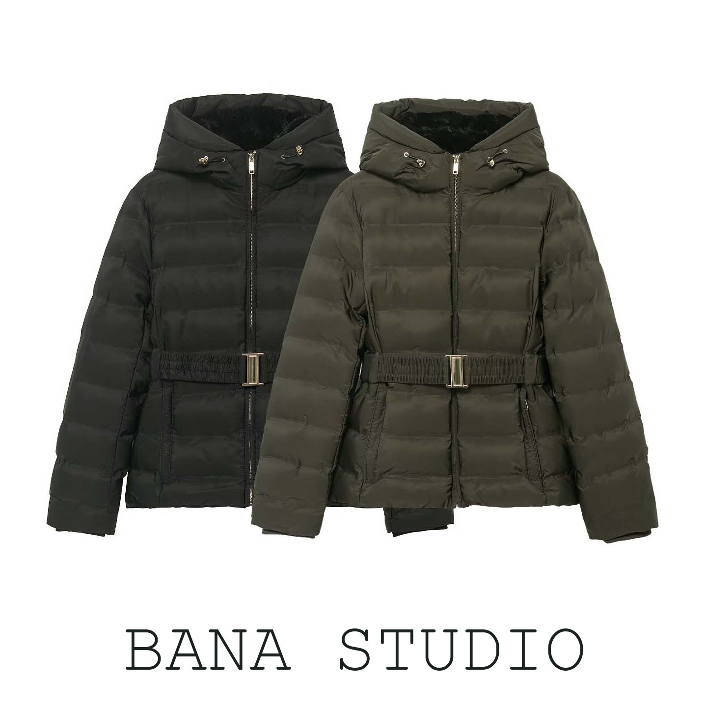 BANA外贸出口尾单显瘦黑色连帽腰带收腰保暖棉衣短款棉服女款冬季