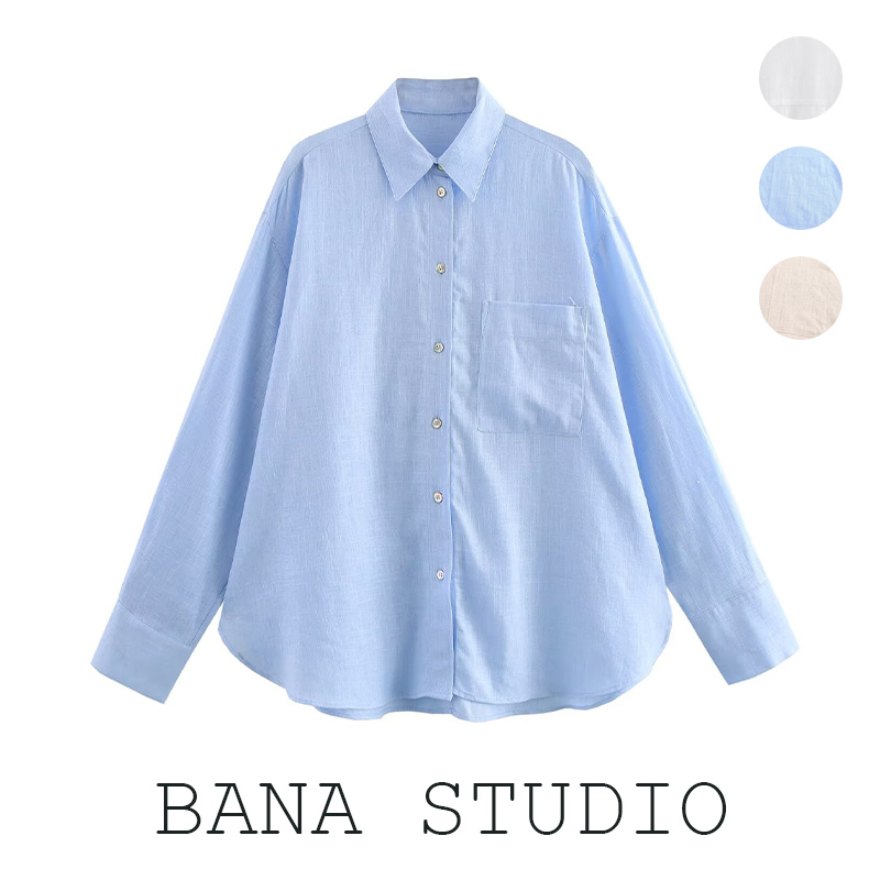 口袋翻领纯色中长款亚麻长袖衬衫