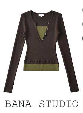 BANA外贸出口显瘦撞色拼接假两件V领针织衫女春修身内搭针织上衣