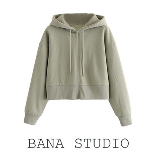 BANA欧美大牌真品外单ins大码女装绿色连帽加绒短款卫衣开衫外套