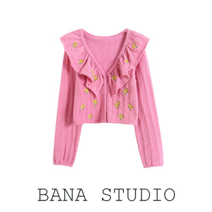 BANA欧货外贸粉色娃娃领短款 小个子女2022早春chic上衣甜辣 针织衫