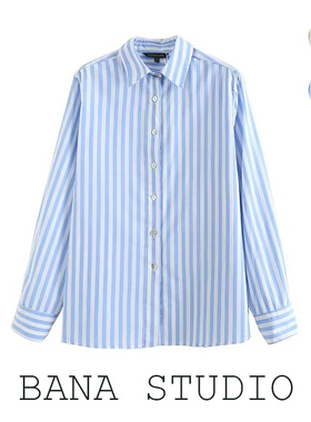 BANA意大利外贸出口大码蓝色条纹Polo翻领棉麻长袖衬衣衬衫上衣女
