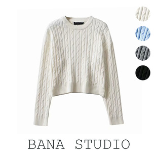 BANA外贸出口正品大牌女装宽松简约黑白纯色圆领麻花短款套头毛衣