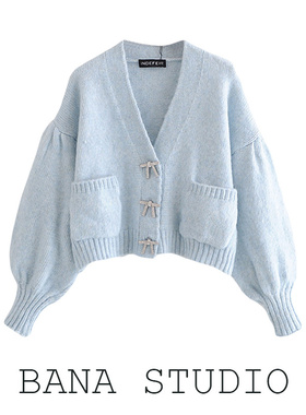 BANA外贸出口尾货大码女装蓝色V领水钻蝴蝶结灯笼袖短款毛衣开衫