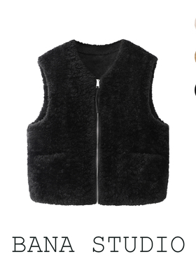 BANA外贸出口尾单黑色V领羊羔毛皮毛一体马甲女外穿无袖毛毛外套