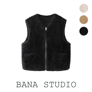 BANA外贸出口尾单黑色V领羊羔毛皮毛一体马甲女外穿无袖 毛毛外套
