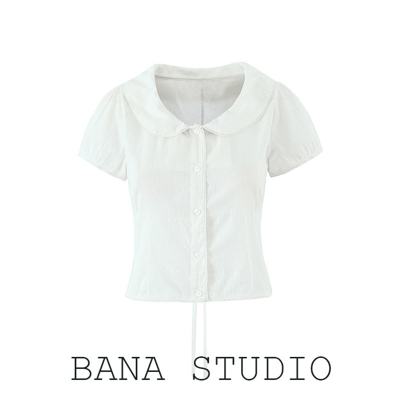 BANA外贸出口法式白色娃娃领收腰短款短袖衬衫女夏薄款小个子上衣