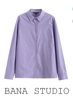 BANA意大利外贸出口极简紫色Polo翻领棉麻长袖正肩衬衫上衣女衬衣
