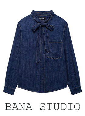 BANA西班牙外贸出口大码系带蝴蝶结领带Polo翻领长袖牛仔衬衣衬衫